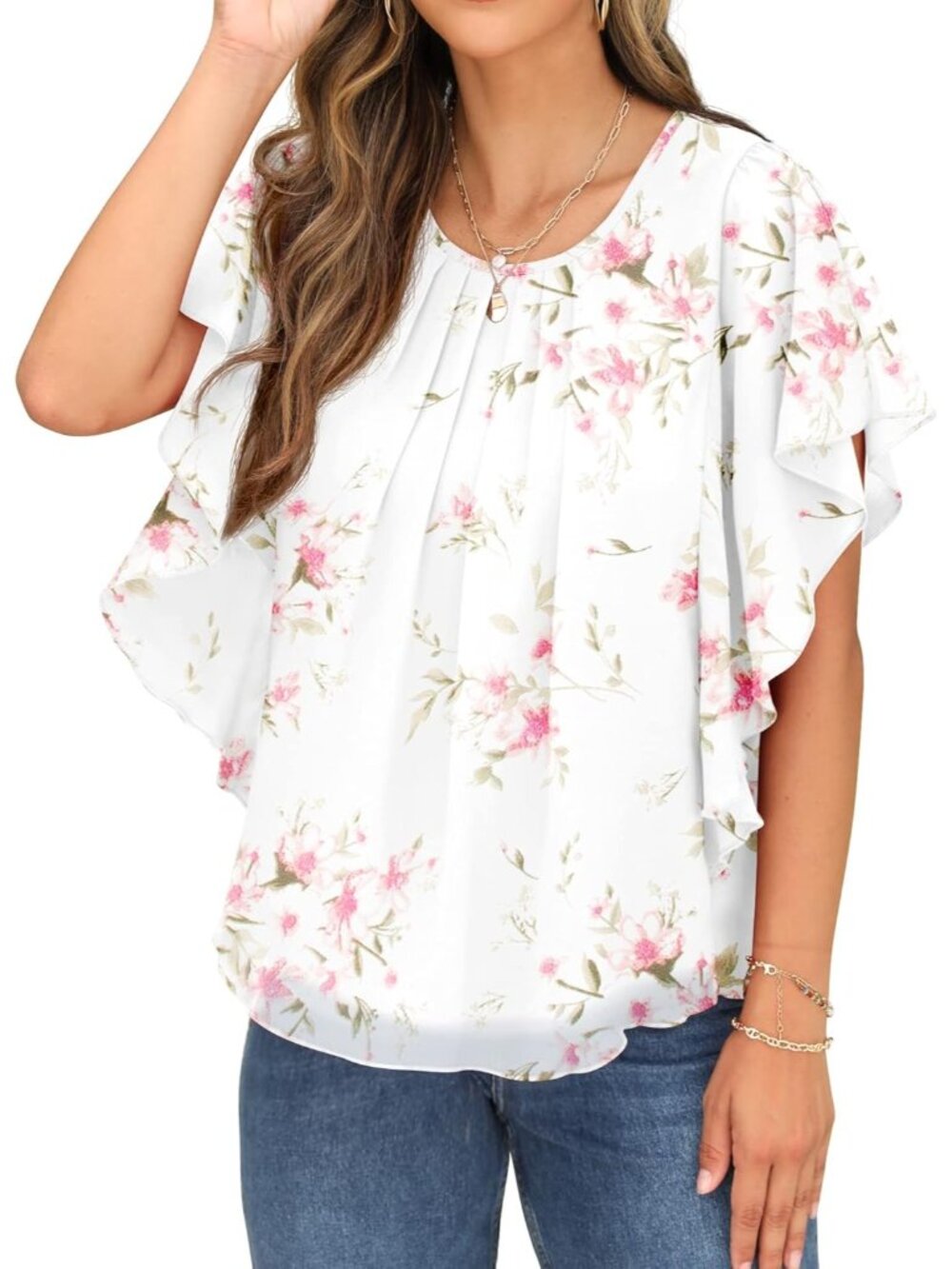 Women's Summer Casual Blouses Peach White Loose Round Neck Chiffon Flowy Tops - Picture 2 of 6